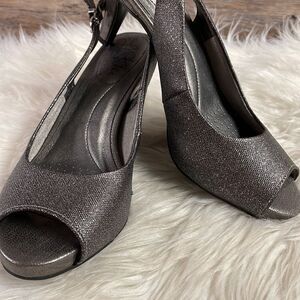 Life Stride Metallic Pewter Peep Toe Heels